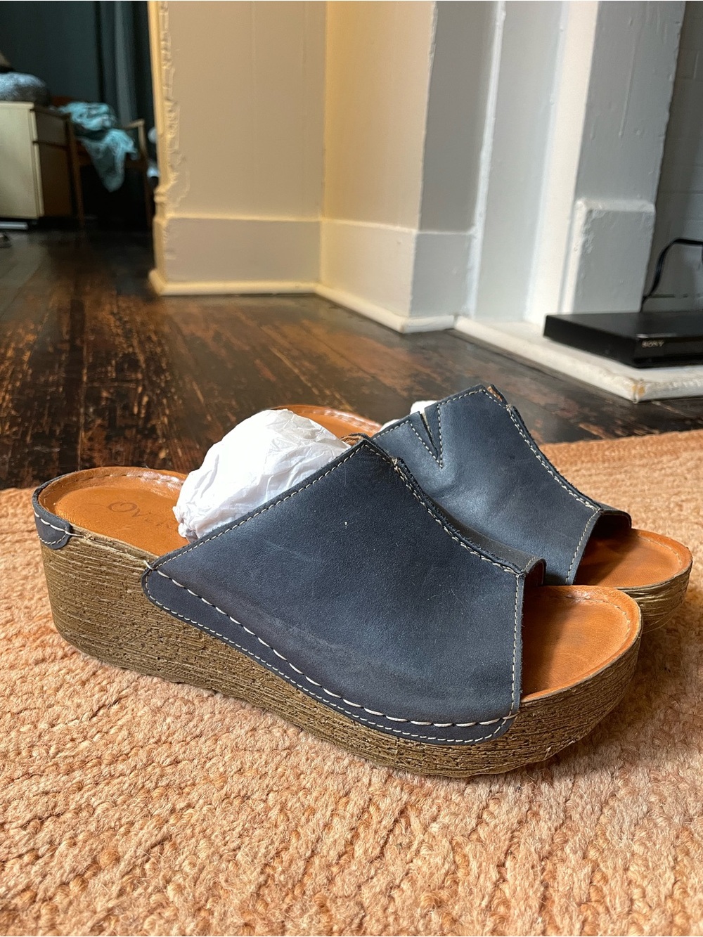 Overland Navy Leather Wedge Slide Sandals - Women's - Picture 2 of 4